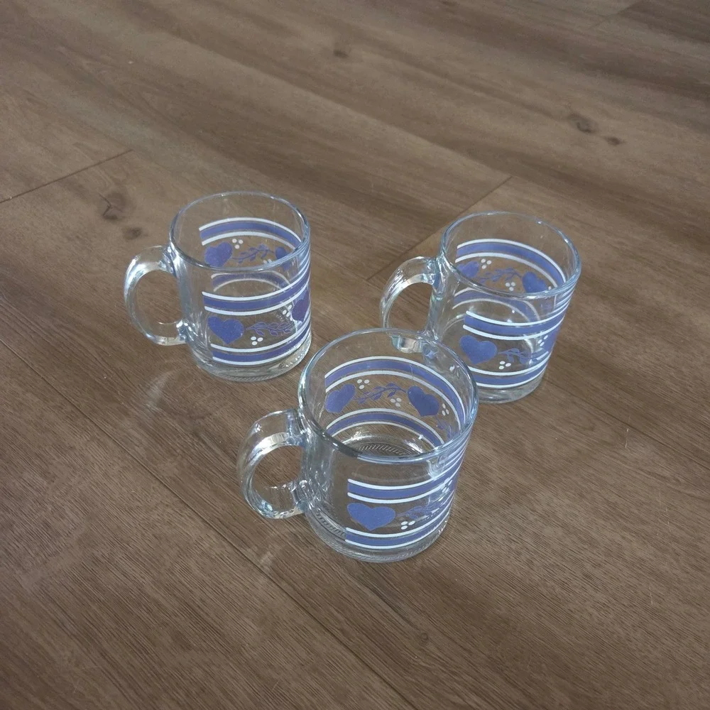 Vintage French Glass‎ Heart Mugs Set of 3 Blue White Stripe Clear